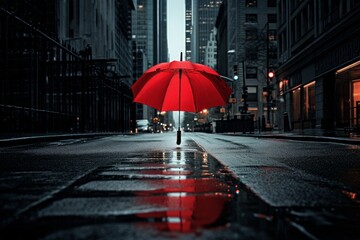 A red umbrella on a rainy day in the city. 