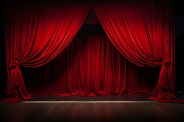 A red theater curtain on a stage. 