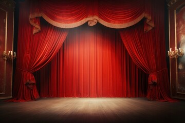 A red theater curtain on a stage. 