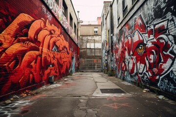 Fototapeta premium A red graffiti wall in an urban setting. 
