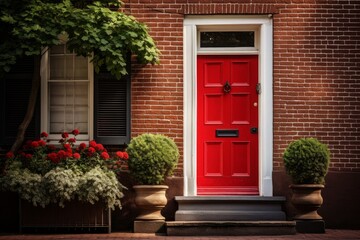A red door on a traditional brick house.  - Powered by Adobe