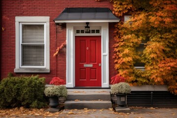 A red door on a traditional brick house.