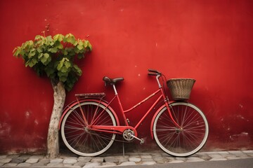 A red bicycle leaning against a wall. 