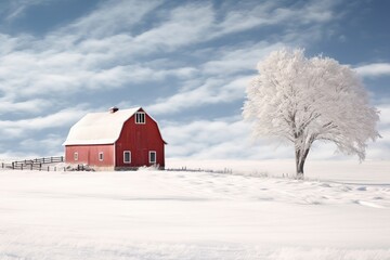 A red barn in a snowy landscape.