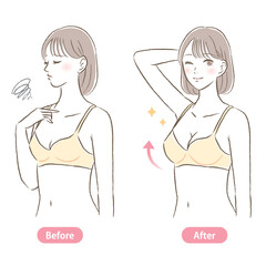 バストサイズが小さい→大きい若い女性のイラスト　ビフォーアフター