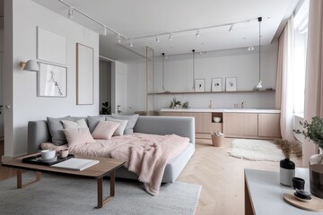 Fototapeta na wymiar Minimalist and elegant apartment, soft tones and well-organized spaces., generative IA