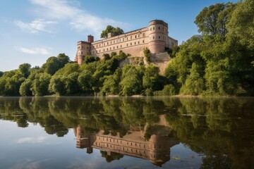 Fototapeta na wymiar Imposing medieval castle in lush setting., generative IA