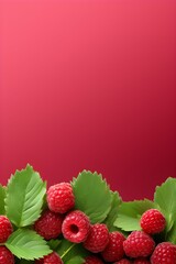 Raspberries with leaves on berry coloured background, Vertical format 2:3