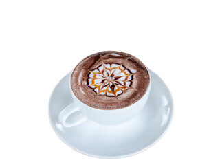 hot chocolate in white cup on wooden table..