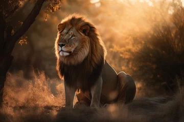 Gordijnen Majestic lion reigns on the golden savannah., generative IA © Gabriel