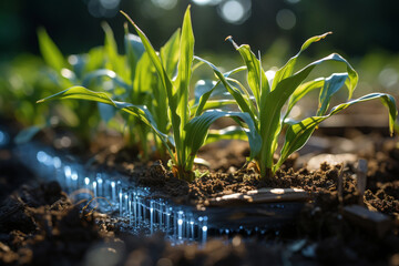 Fototapeta na wymiar Smart farming with IoT Growing corn seed, Maize seedling in cultivated agricultural field. Smart farming with IoT. Agriculture corn. Plant growth. Concept appearance of life - sprout from soil 
