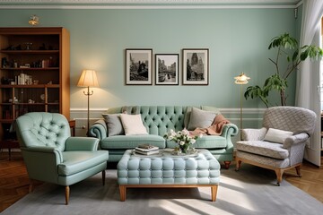 The living room is decorated with a comfortable armchair and sofa, adorned in mint-colored accents.