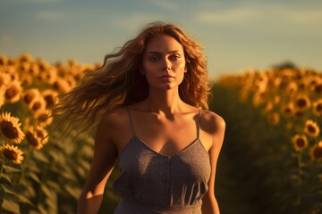 Ethereal portrait of a solitary woman in vibrant sunflower field, epitomizing freedom, tranquility, and connection to nature. - Powered by Adobe