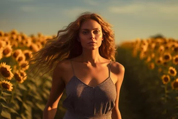 Fototapeten Ethereal portrait of a solitary woman in vibrant sunflower field, epitomizing freedom, tranquility, and connection to nature. © Kishore Newton