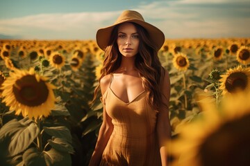 Ethereal portrait of a solitary woman in vibrant sunflower field, epitomizing freedom, tranquility, and connection to nature. - obrazy, fototapety, plakaty