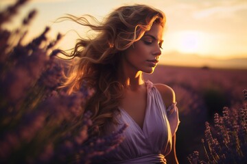 Sunset-lit portrait of a serene woman amid a vast lavender field, embodying tranquil solitude and...