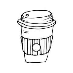 Disposable coffee cup in doodle style on an isolated white background.