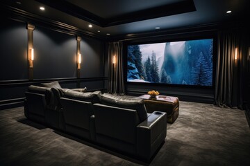 The media theatre room is designed with dark-colored walls and features a grey sofa. It is equipped with a popcorn machine and a movie screen, creating a cozy yet entertaining space within a