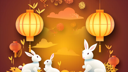 Mid-autumn festival design with rabbits and lanterns on a gradient background
