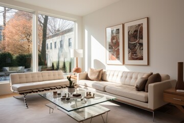 The living room is a bright white color, and it features a taupe leather sofa and a glass table.