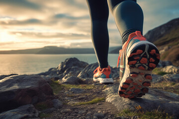 Close-up of running woman's sneakers on the fjord shore