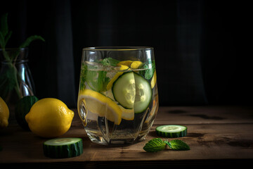 Generative AI. Glass bottle of organic fresh lemon and cucumber juice fruits. tasty water.  summer bevarage