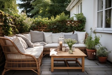 Fototapeta na wymiar The garden patio is adorned with a Scandinavian style wicker sofa and coffee table.