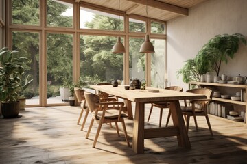 Fototapeta premium The interior of a beautiful design home features a stylish and comfortable arrangement consisting of a craftsman oak wooden table with chairs, a watering can, a glass jug, and a modern floor.