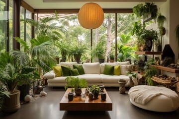 The living room is well-lit and adorned with a sofa, armchair, pouf, and vibrant green plants.