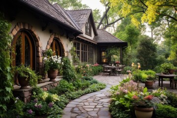 Fototapeta na wymiar The garden features a European-inspired landscape, consisting of gravel, a pathway made of bricks, and a variety of potted plants. An enchanting porch envelopes the house, decorated with even more