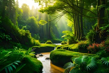 Landscape view of green dense forest with a sunlight coming made with Generative AI
