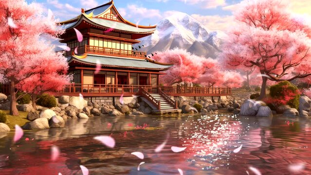 anime background landscape japanese temple in autumn, with sakura or blossom tree and lake, high mountain