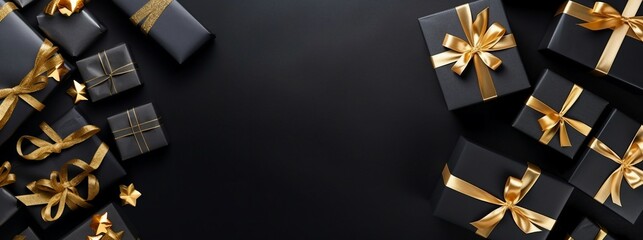 Black gift boxes arranged on dark background, black friday discounts concept