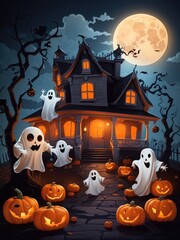 Fototapeta na wymiar Illustration of a spooky Halloween scene with pumpkins and a ghost