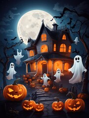 Illustration of a spooky Halloween scene with pumpkins and a ghost