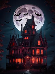 Illustration of a spooky house under a full moon