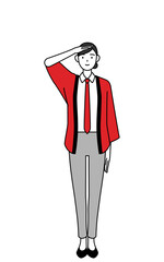 最敬礼する赤い法被を着た販売員の女性