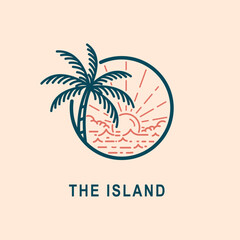 ocean wave tropical island and palm tree logo line art vector illustration