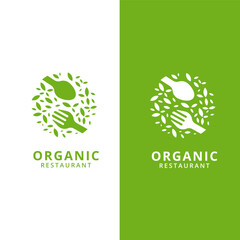 Healthy organic food icon. Vegetarian products market, organic farm or restaurant natural meals menu vector symbol or sign. Diet eco food icon or emblem with green leaves, spoon and fork