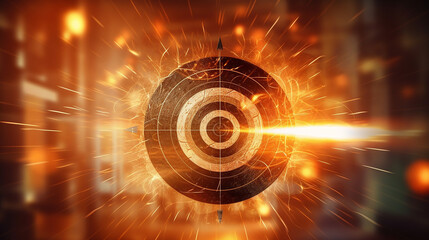 The arrow hit the highlighted target with orange light. Right on the bull's-eye. Succeed in work. Advertising, marketing and targeting.  Success. Choose a goal, define a task. Generative AI