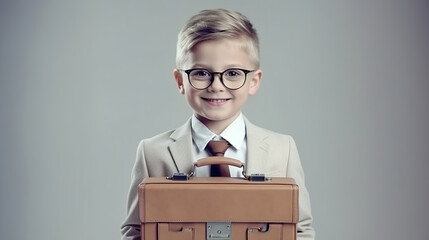 Happy smiling kid in glasses is going to school for the first time. Child boy with bag go to elementary school. Back to school. Generative AI