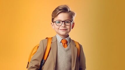 Happy smiling kid in glasses is going to school for the first time. Child boy with bag go to elementary school. Back to school. Generative AI