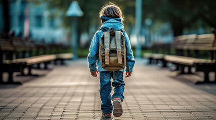 Happy smiling kid in glasses is going to school for the first time. Child boy with bag go to elementary school. Back to school. Generative AI