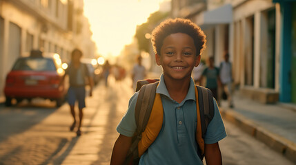 Happy smiling kid in glasses is going to school for the first time. Child boy with bag go to elementary school. Back to school. Generative AI