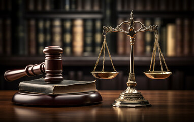 Judiciary hammer with justice scales on a wooden table