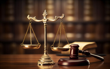 Judiciary hammer with justice scales on a wooden table