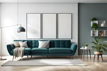 Poster above white cabinet with plants beside gray sofa in simple living room interior.
