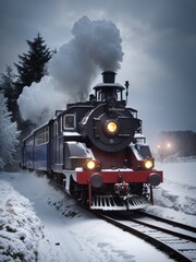 Naklejka premium Illustration of a train traveling down snowy train tracks