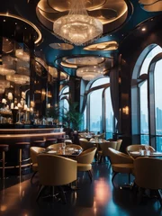 Fotobehang Illustration of a stunning chandelier illuminating a beautifully designed restaurant interior © josoa