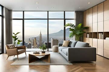 Fototapeta premium Poufs and gray armchair in spacious living room interior with plants and sofa near wooden table. 3d rendering.